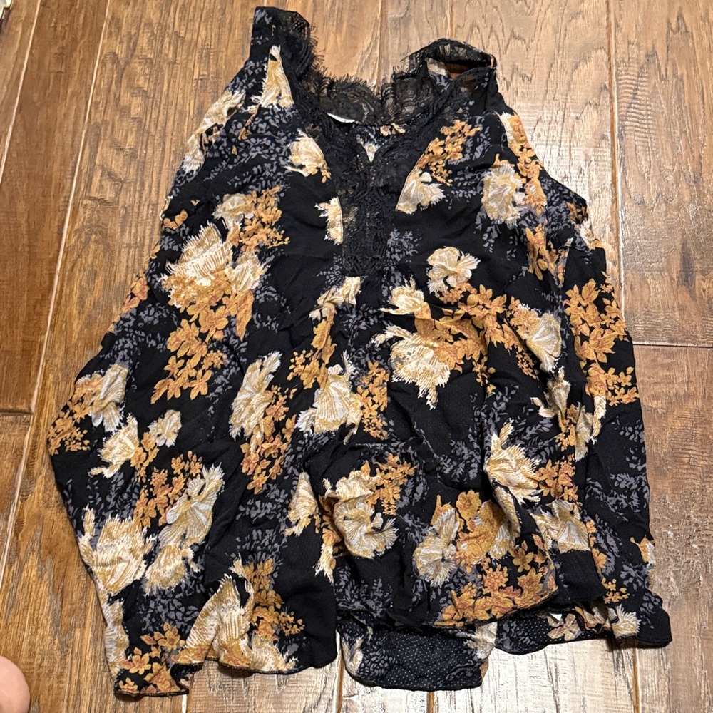 Free People Black and Gold Floral Lace Blouse